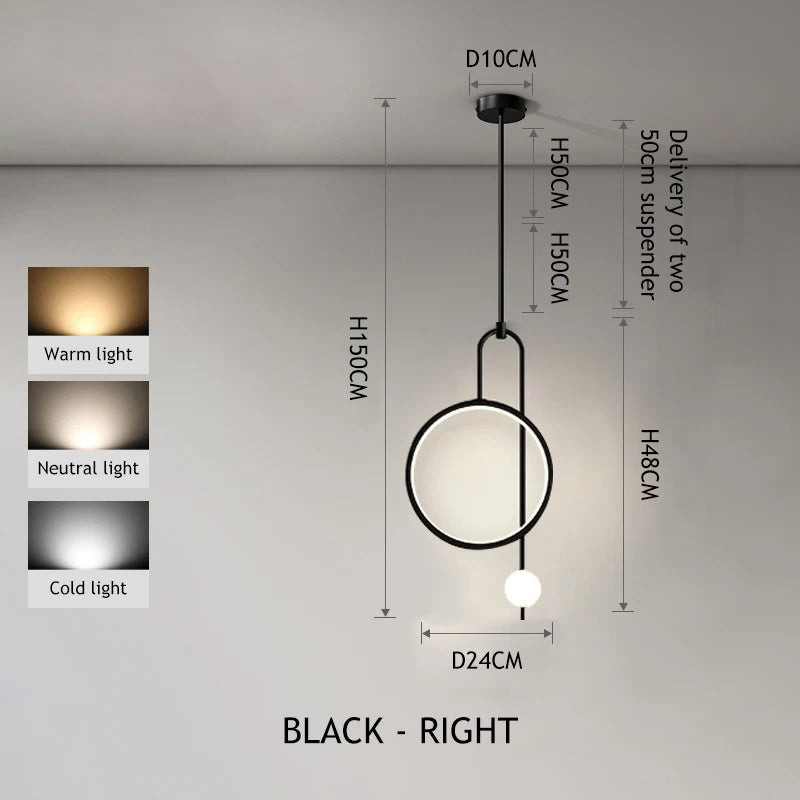 lampe suspendue anneau or noir moderne minimaliste sphère lumineuse chaîne métalliqueflux lumineux haute qualité