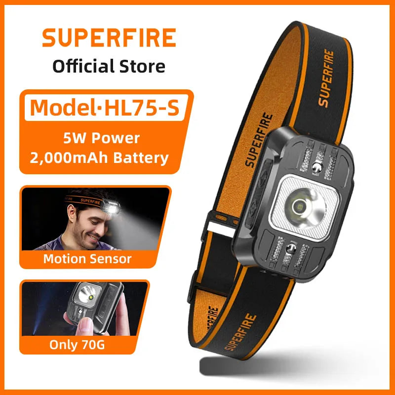 lampe frontale rechargeable led noir orange ip44 waterproof usb 2000mah camping fishing