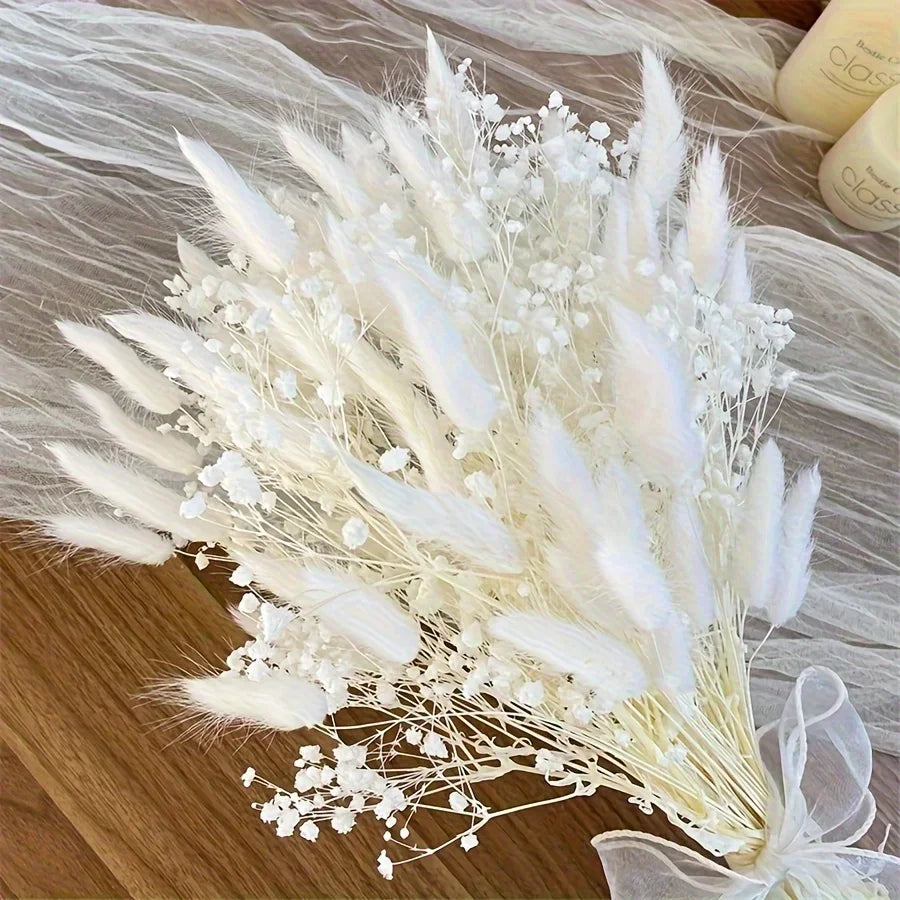 bouquet fleurs séchées blanches gypsophila boho pampas decoration maison anniversaire baby shower rustic naturel