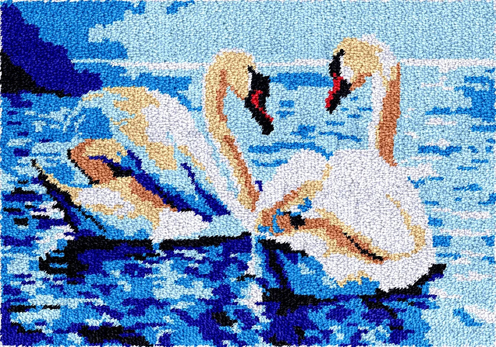 tapis broderie oiseaux cygnes kit crochet instructions grille laine colorée animaux nature européenne