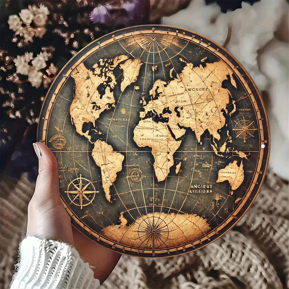 décoration murale carte monde vintage bois ancienne noire ronde occasion anniversaire noël mariage