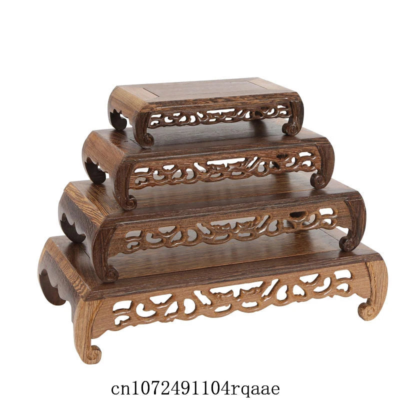 support bois sculpté motifs floraux traditionnel marron foncé objets décoratifs affichage thé