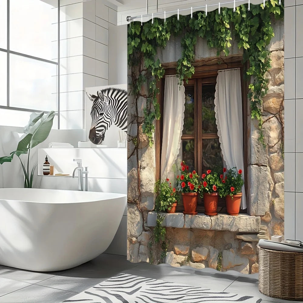 rideau douche rustique fenêtre pierre plantes grimpantes rideaux blancs fleurs rouges potsOpaque beige marron
