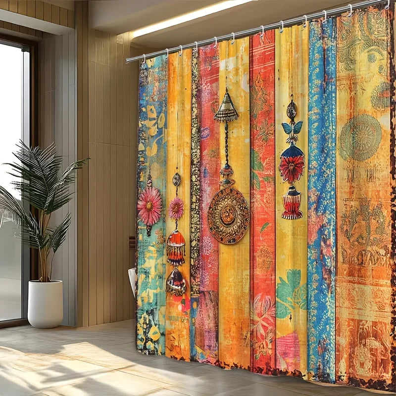rideau douche boho chic multicolore patchwork floral 180x180cm opacité ethnique