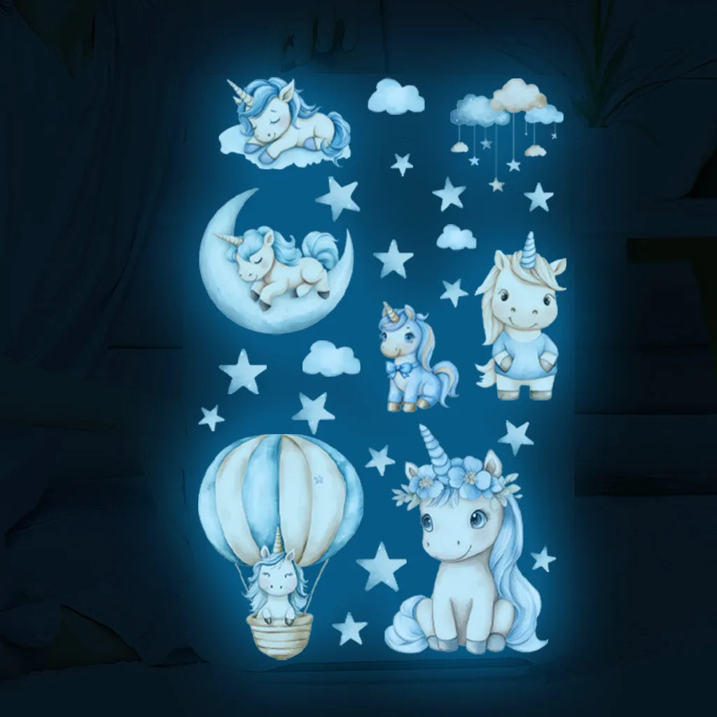 sticker mural licorne dessin animé nuages étoiles enfant chambre décoration mur bleu blanc PVC