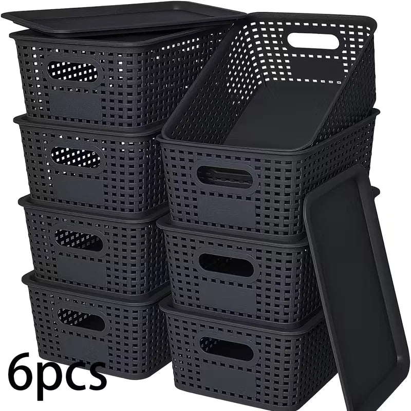 rangements pliables paniers plastique tressé gris noir couvercles poignées moderne minimaliste