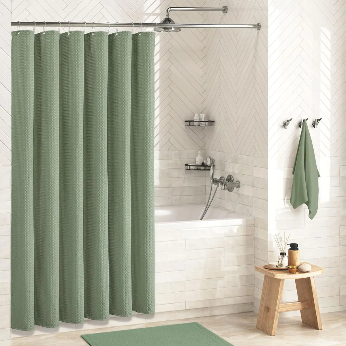 rideau douche vert olive texture points moderne 72x72 crochets polyester