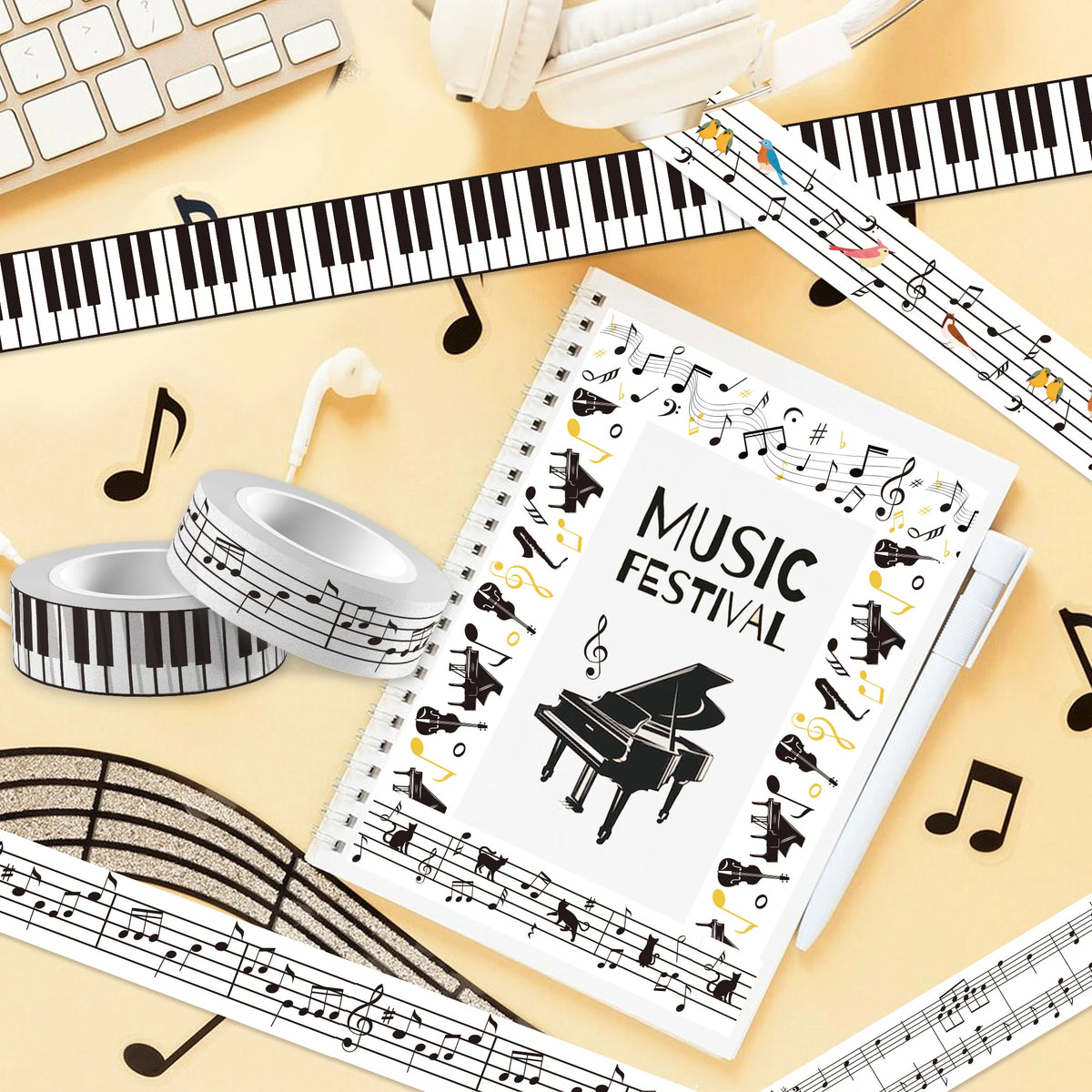 papier autocollant notes musicales blanc noir anniversaire mariage halloween scrapbooking cahier ciseaux stylos