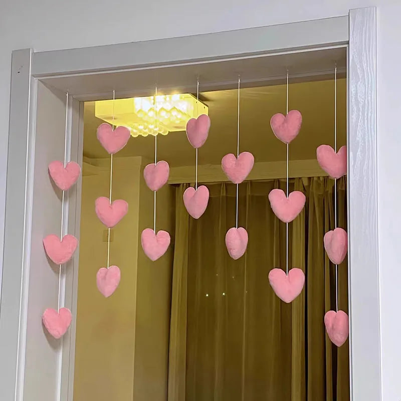 rideau velours rose coeurs clips romantique chambre decoration textile porte suspension