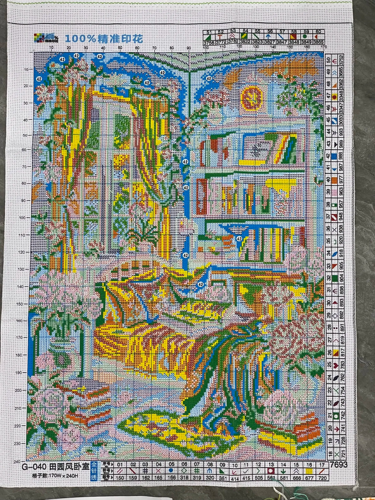 kit broderie point croix chambre lit fenetre bibliothèque livres couleurs vert rose jaune orange