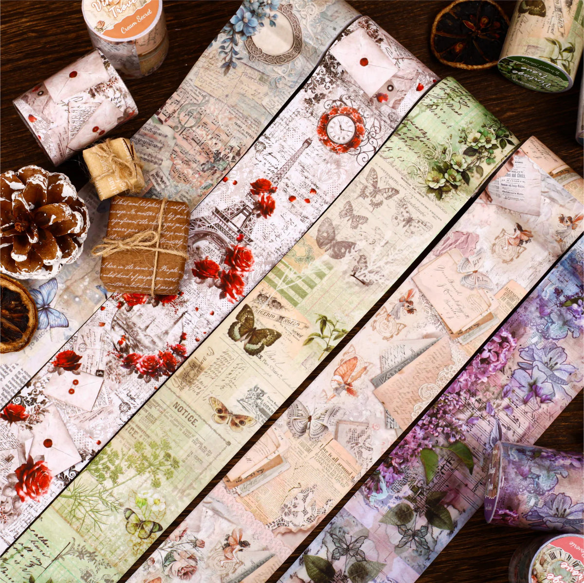 ruban décoratif vintage multicolore fleurs papillons lettres illustré 50mm longueur 2mètres