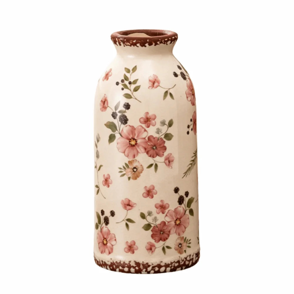 vase vintage floral poterie opaque couleur beige vert rose brun