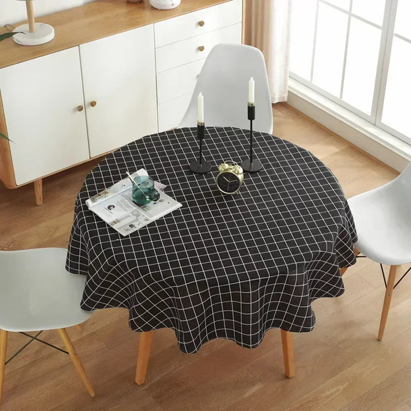 nappe table ronde motif géométrique moderne jaune gris bleu vert blanc décoration maison
