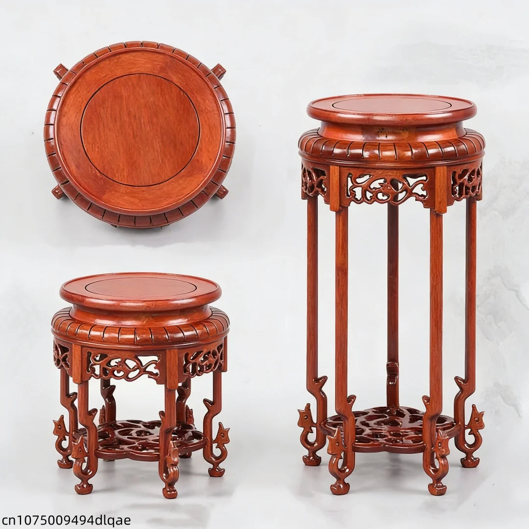présentoir bois sculpté rouge motifs floraux artisanal table basse stylechinois