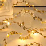 guirlande lumineuse feuilles or vert mariage anniversaire décoration bohème festive LED texturées
