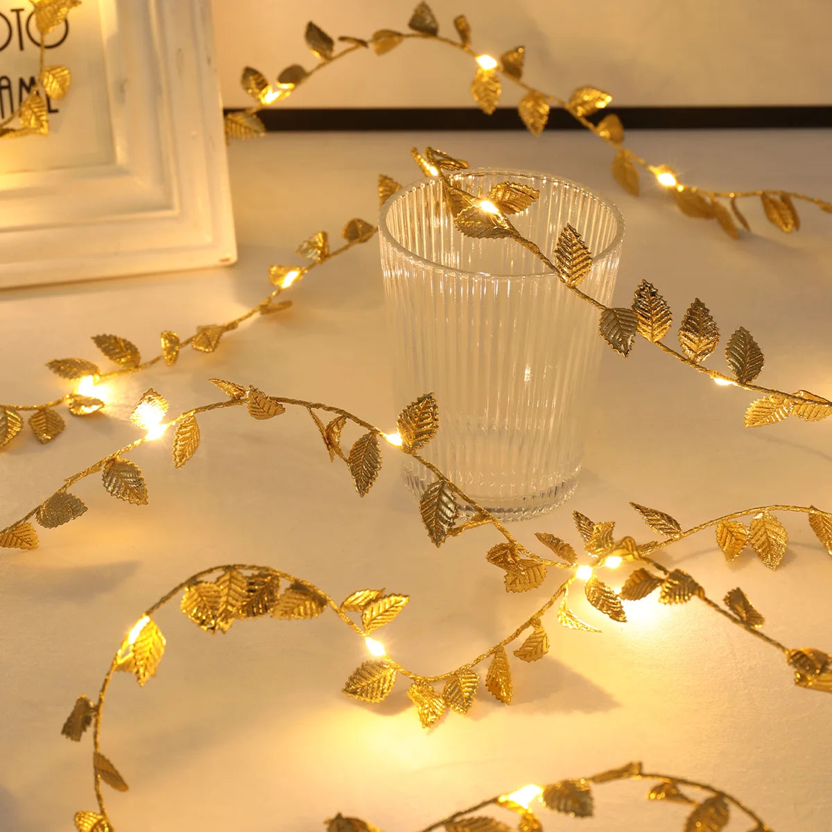 guirlande lumineuse feuilles or vert mariage anniversaire décoration bohème festive LED texturées