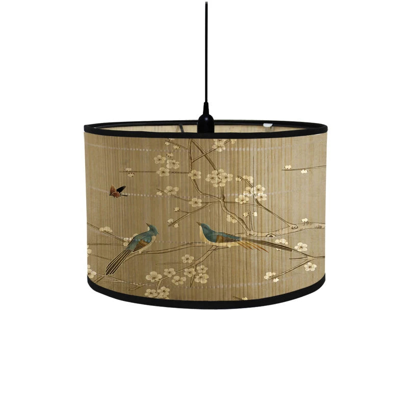 abat jour artisanal bambou illustration paysage oiseaux fleurs tringle contemporain