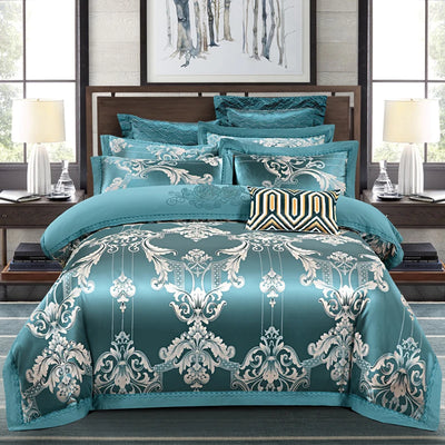 Parure de lit Jacquard gris rose vue d'ensemble sur un lit
