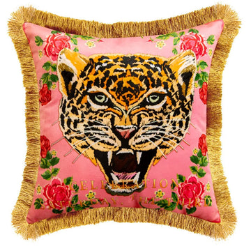 housse coussin velours rose motif léopard fleurs franges dorées décoration canapé chambre vintage