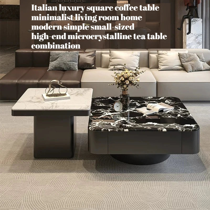 table basse carrée salon minimaliste marbre noir blanc tiroir métal solide