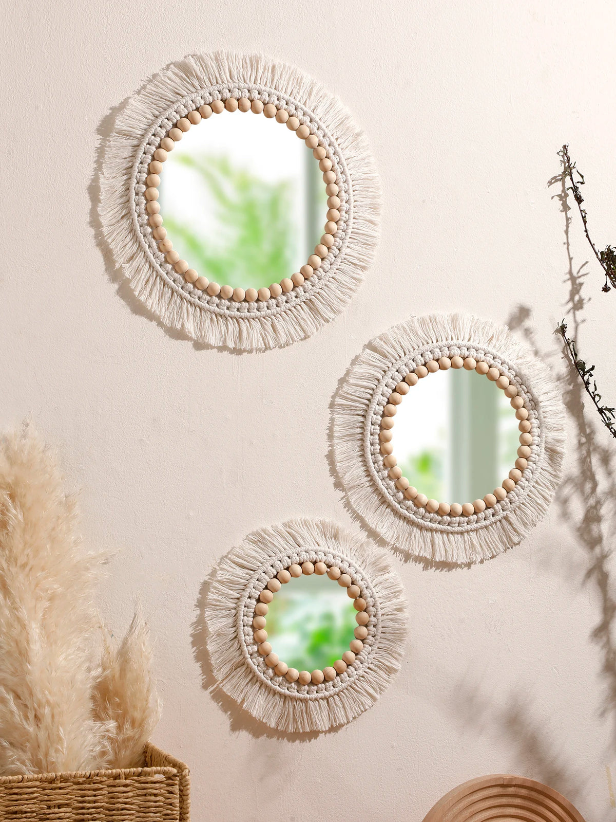 miroir boho macramé franges chambre salon décoration murale artisanale blanc beige