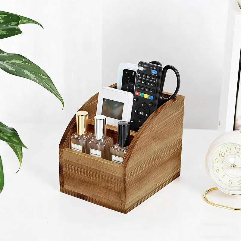 boîte rangement bois marron clair rayures horizontales moderne télécommandes accessoires tv stylos livres porte