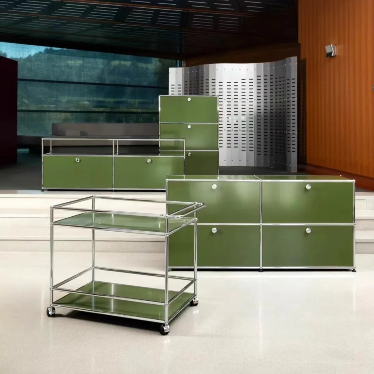 meuble tiroirs armoire salon vert olive moderne pieds ronds tiroirs bois métal