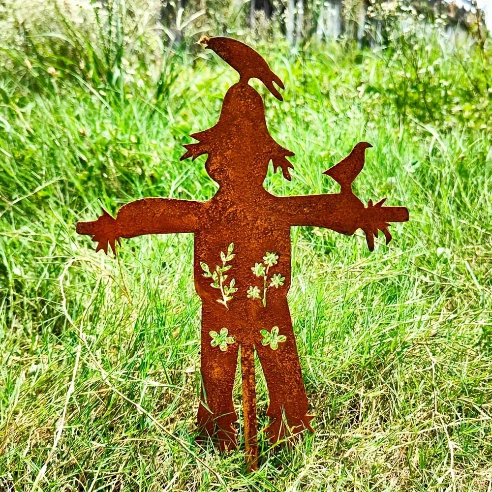figurine sorcier artisanal fleurs oiseaux motif floral décoration extérieure jardin murale ornement métal orange