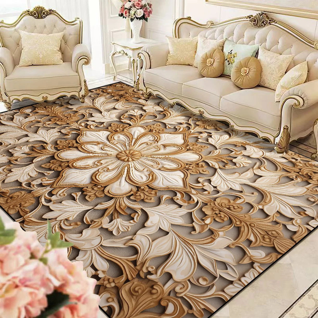 Décor intérieur luxueux avec un canapé en cuir blanc, des coussins décoratifs et un tapis orné de motifs floraux dorés.