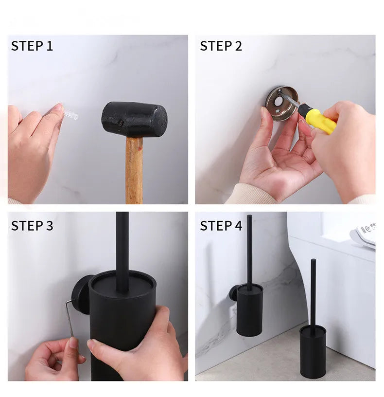 brosse toilette acier inoxydable noir argenté support mural moderne salle bains hygiène durable minimaliste