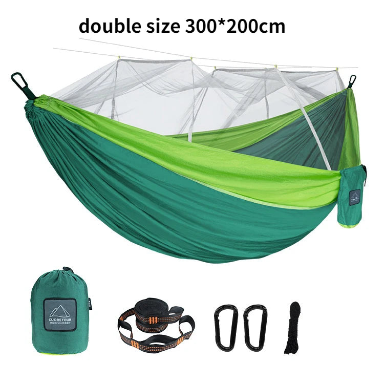 hamac nylon double taille vert olive bleu uni moderne moustiquaire sac rangement ceinture sécurité