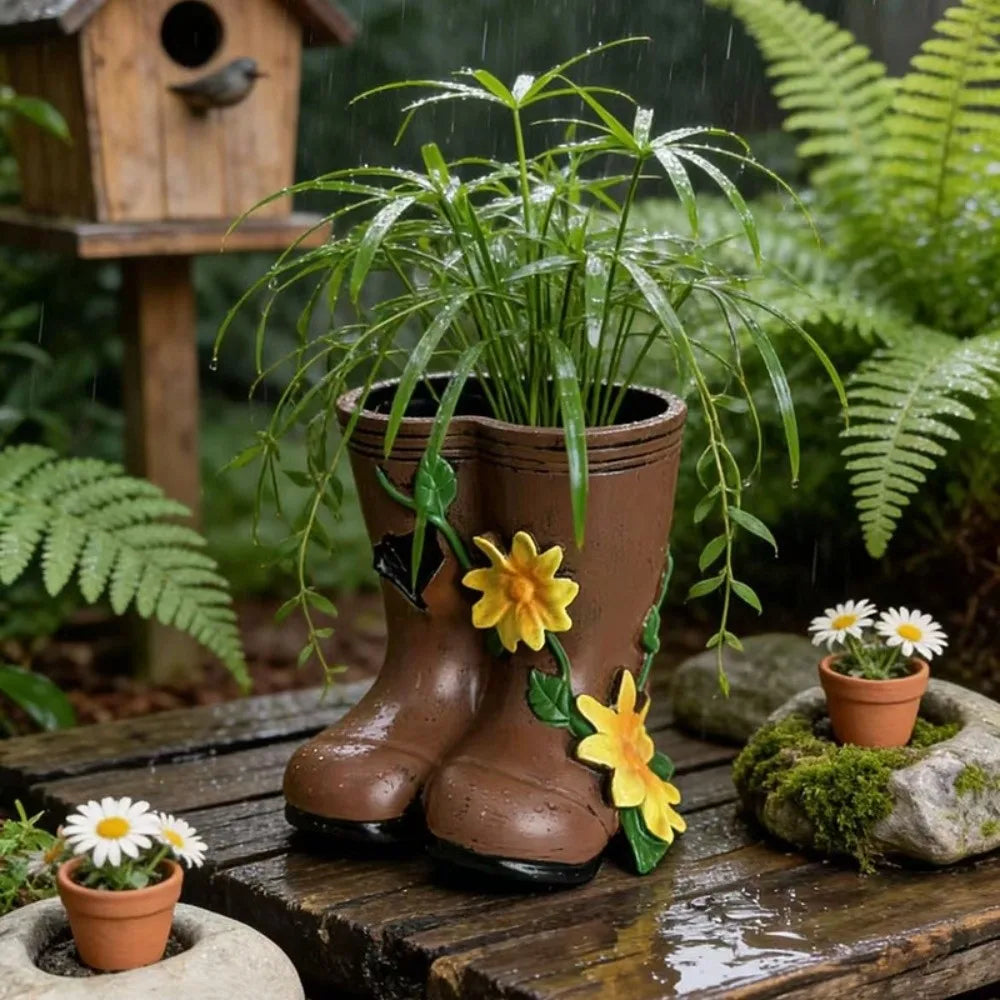 vase forme botte marron imitation cuir rustique arrangement fleuri décoration jardinextérieur