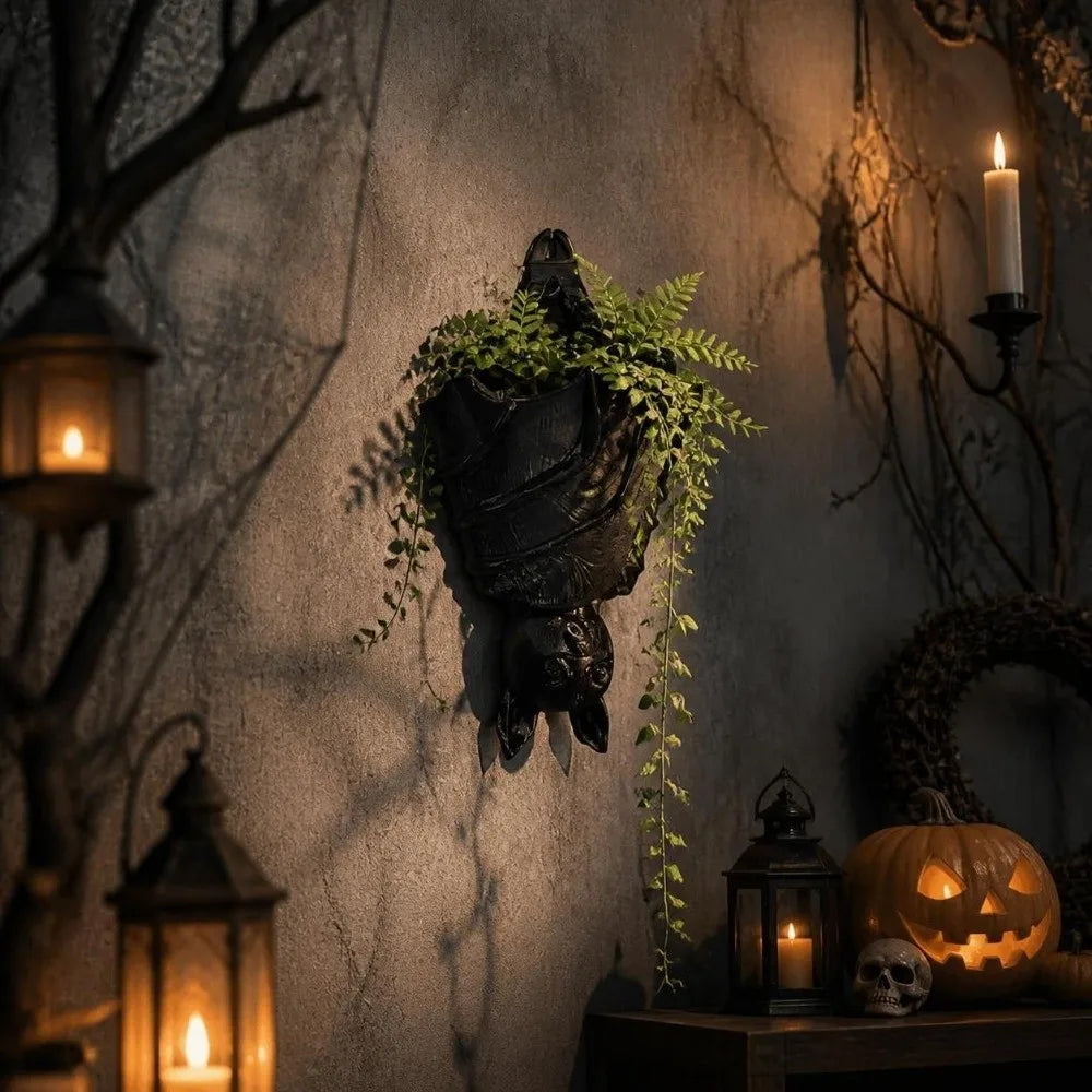 cache pot murale chauve souris gris noir sculptee gothique artisanale murale
