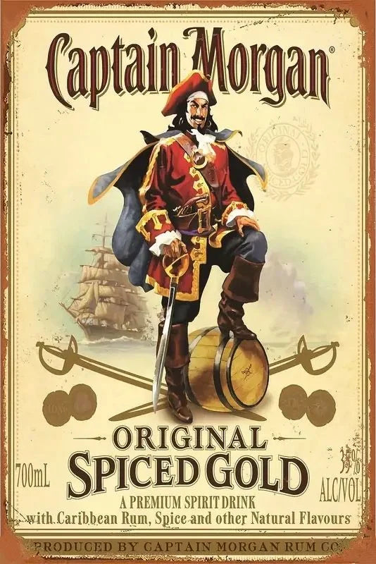 affiche vintage pirate captain morgan texte anglais illustration boisOpaque couleurBeigeRougeNoirBlancMarron