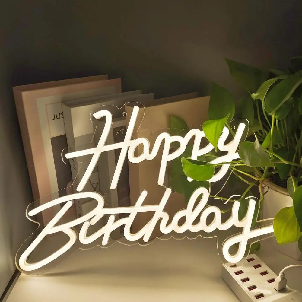lampe néon happy birthday led acrylique décoration moderne câble usb anniversaire lettres stylisées blanc