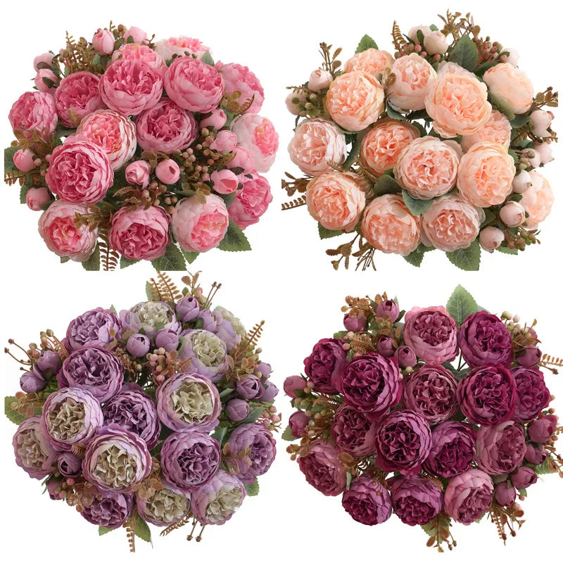 bouquet pivoines artificielles soies roses violets blancs feuilles vertes intérieur romantique classique decoration maison