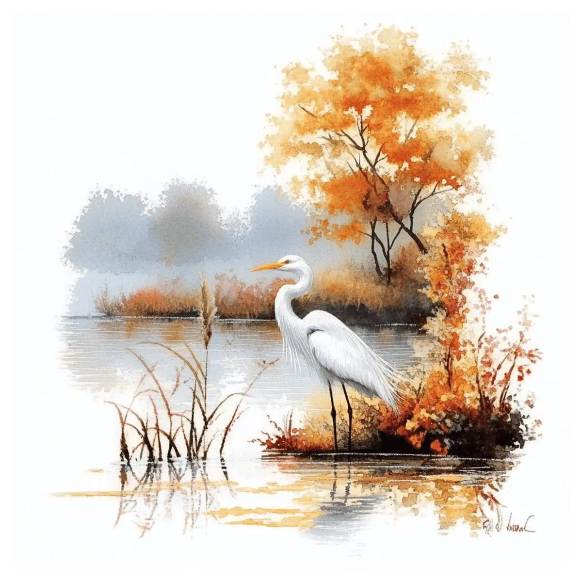 toile broderie paysage automnal héron arbres feuilles herbe eau kit diy blanc orange instructions