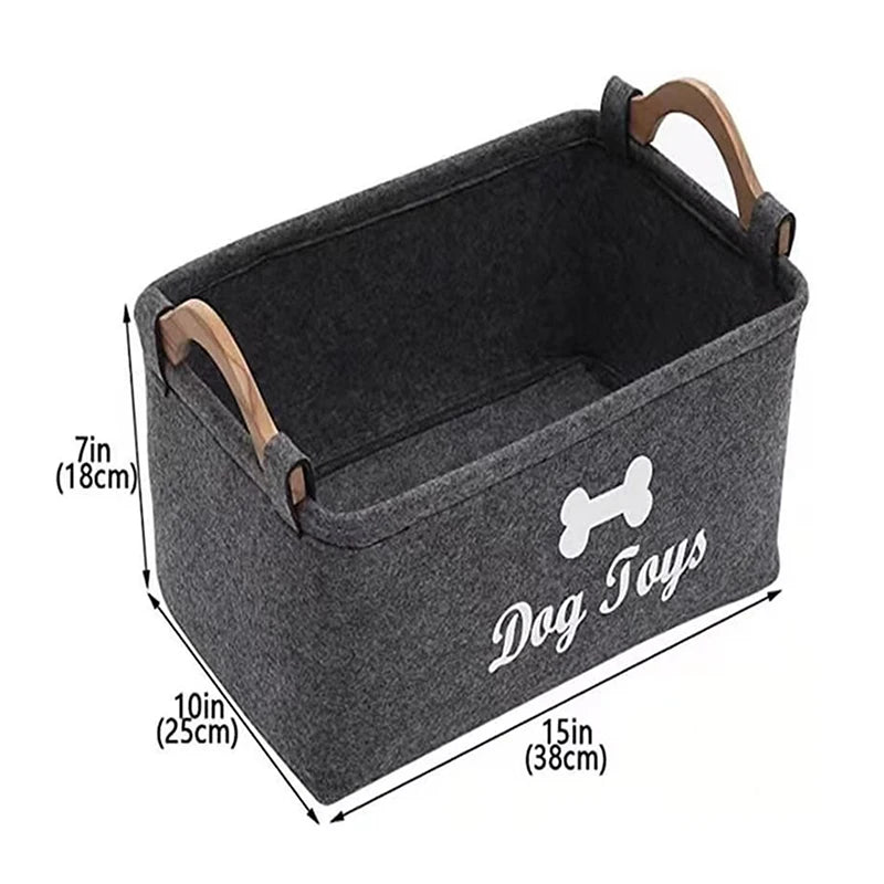 panier jouets chien feutre gris moderne poignées bois 38cm 25cm 18cm