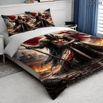 housse couette templier médiéval taies oreiller lit dessin animé chevalier bannières ruines flammes chambre