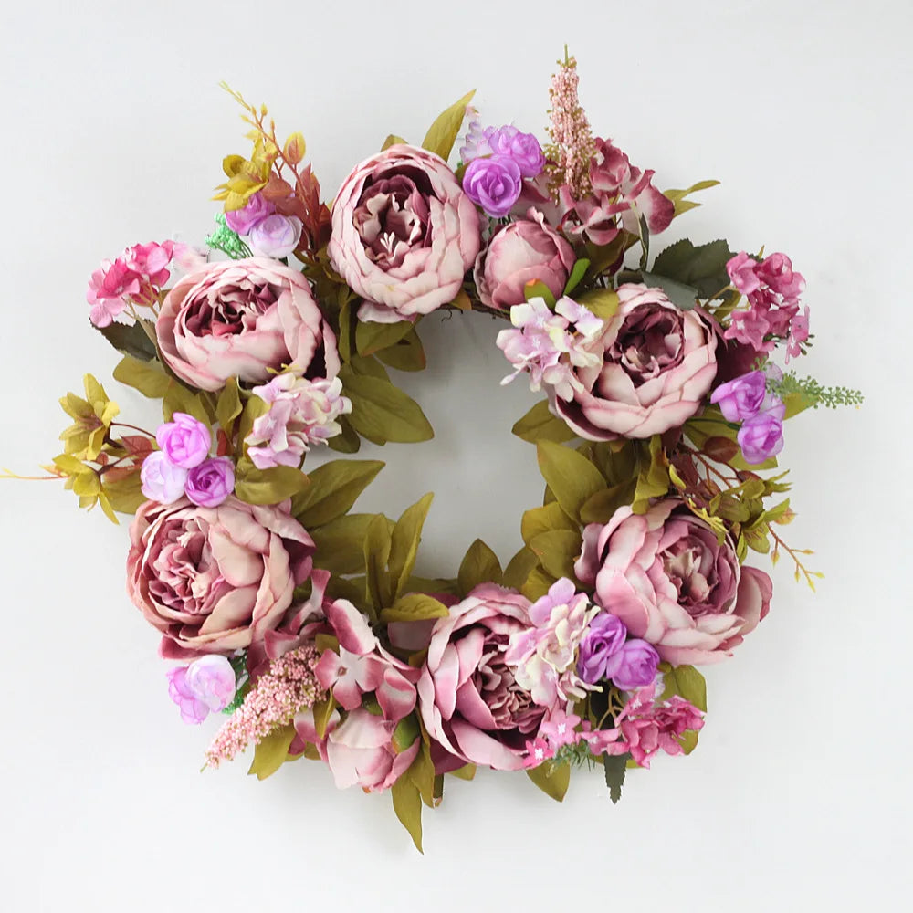 couronne florale vintage rose blanche feuilles vertes fleurs artificielles intérieur mariage table porte