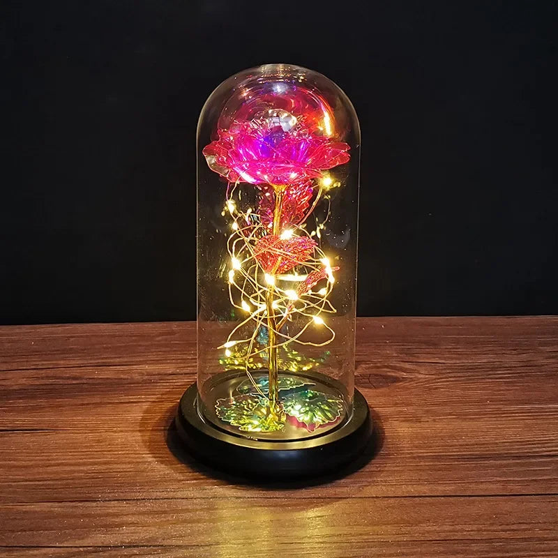 veilleuse led rose artificielle cloche verre éclairage couleur variée base noire