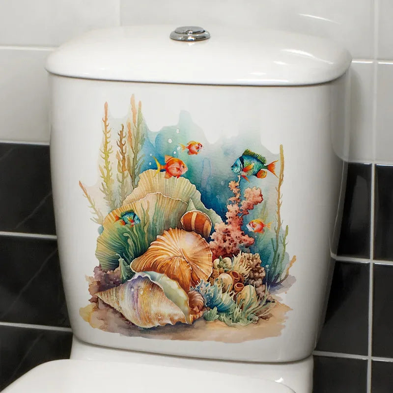 autocollant toilette sous marin étoiles mer hippocampes coraux poissons couleurs vives salle bains pvc
