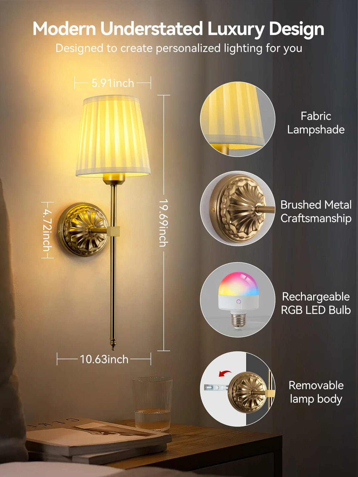 lampe murale or rechargeable télécommande éclairage rgb moderne chambre coucher