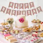 guirlande festivités or rose paillettes lettres happy birthday décoration anniversaire fil blanc festive papier