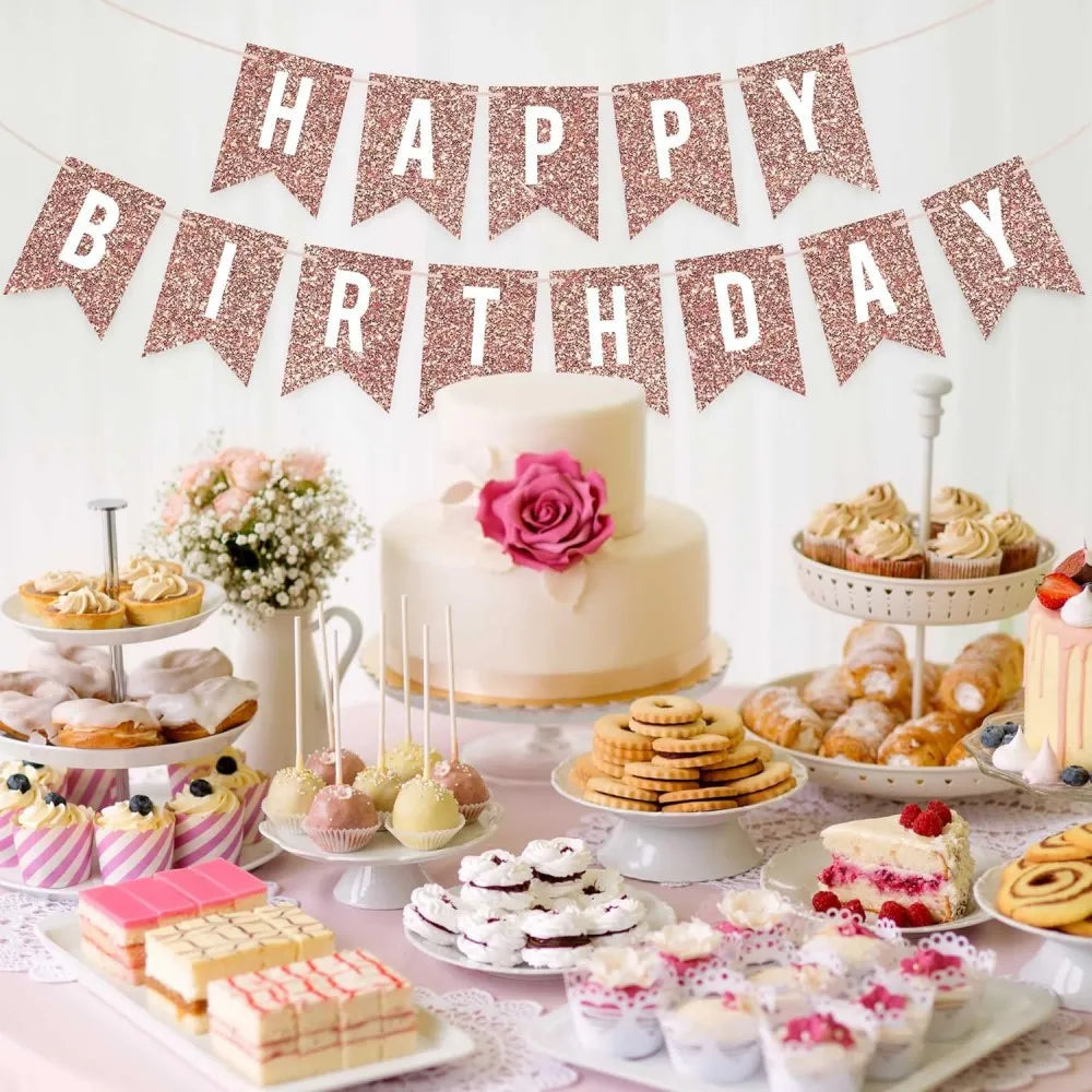 guirlande festivités or rose paillettes lettres happy birthday décoration anniversaire fil blanc festive papier