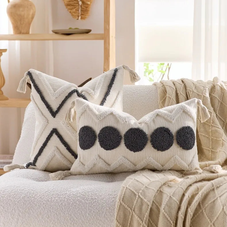 housses coussins chenille géométriques boho chic beige franges adhésives décoration salon voiture 45x45cm 30x50cm
