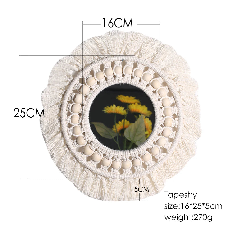 miroir boho blanc macramé franges deco mur salon chambre bébé artisanal