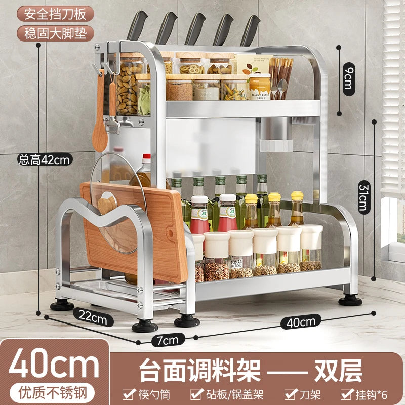 étagère cuisine métal argenté support couteaux bocaux épices rangement comptoir