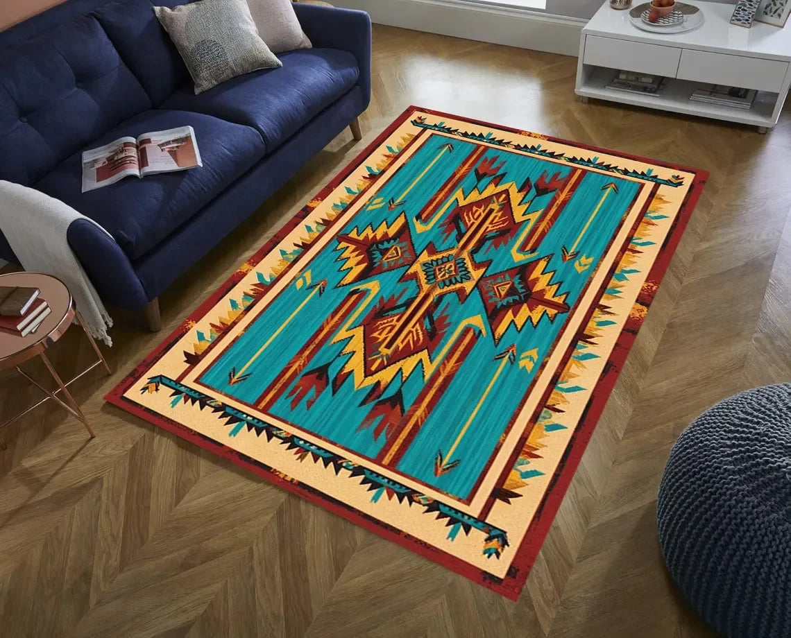 tapis géométrique ethnique moderne polypropylène polyester velours motifs colorés salon chambre extérieur