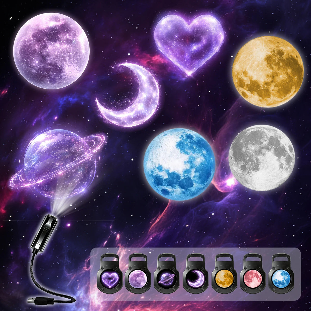 projecteur lumineux lune violet bleu orange blanc cœur planètes étoiles chambre coucher